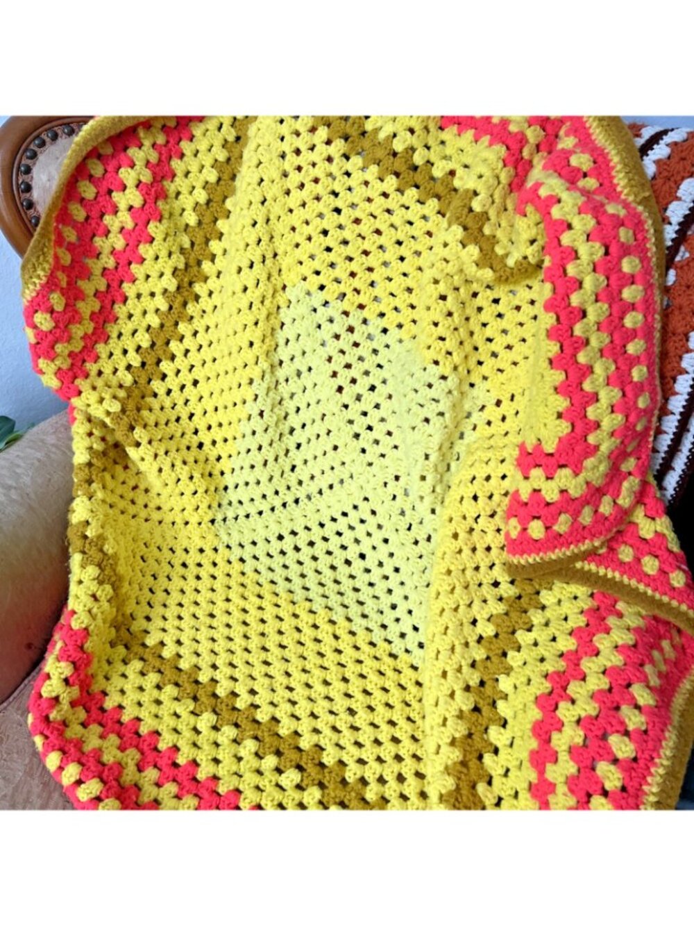 Handmade Crocheted Afghan Throw 41x43 70's avocado mustard pink orange - Picture 4 of 4